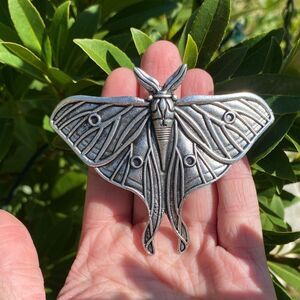 Cottagecore Lunar Moth Hair Accessory Silver Tone, engraved details, Clip